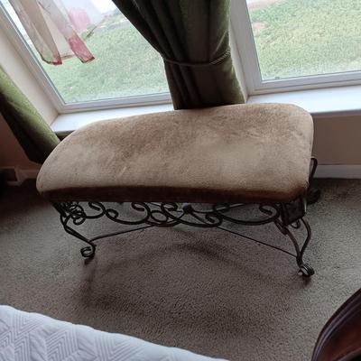 LIGHT OLIVE GREEN UPHOLSTERED BENCH WITH METAL FRAME