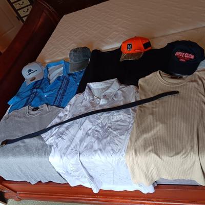 MEN'S SHIRTS (XL), BALL CAPS & BELT (38)