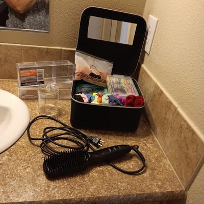 A BOX FULL OF HAIR CARE ITEMS, HAIR DRYING/STYLING BRUSH AND ORGANIZERS