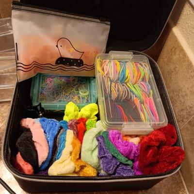 A BOX FULL OF HAIR CARE ITEMS, HAIR DRYING/STYLING BRUSH AND ORGANIZERS