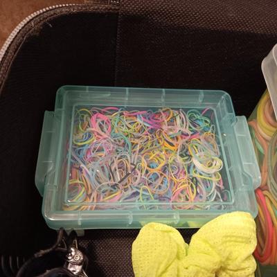 A BOX FULL OF HAIR CARE ITEMS, HAIR DRYING/STYLING BRUSH AND ORGANIZERS