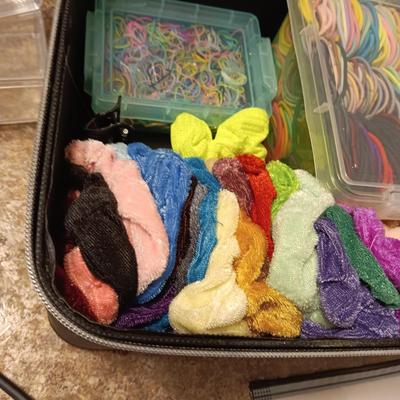 A BOX FULL OF HAIR CARE ITEMS, HAIR DRYING/STYLING BRUSH AND ORGANIZERS