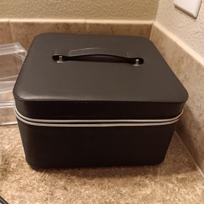 A BOX FULL OF HAIR CARE ITEMS, HAIR DRYING/STYLING BRUSH AND ORGANIZERS