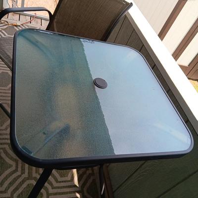 GLASS TOP COUNTER HEIGHT PATIO TABLE W/2 CHAIRS