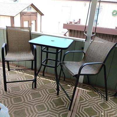 GLASS TOP COUNTER HEIGHT PATIO TABLE W/2 CHAIRS