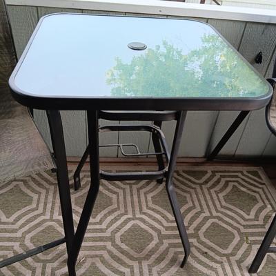 GLASS TOP COUNTER HEIGHT PATIO TABLE W/2 CHAIRS