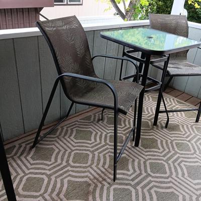 GLASS TOP COUNTER HEIGHT PATIO TABLE W/2 CHAIRS