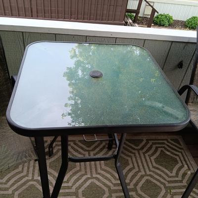 GLASS TOP COUNTER HEIGHT PATIO TABLE W/2 CHAIRS