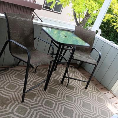 GLASS TOP COUNTER HEIGHT PATIO TABLE W/2 CHAIRS