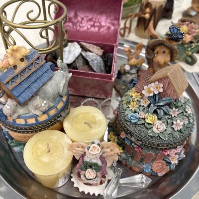 Silver tray with figurines and decor