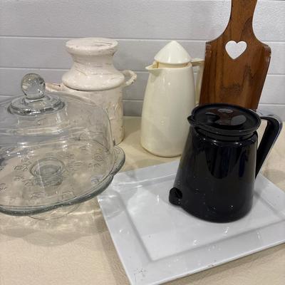 Cake plate, coffee thermos, white platter & more