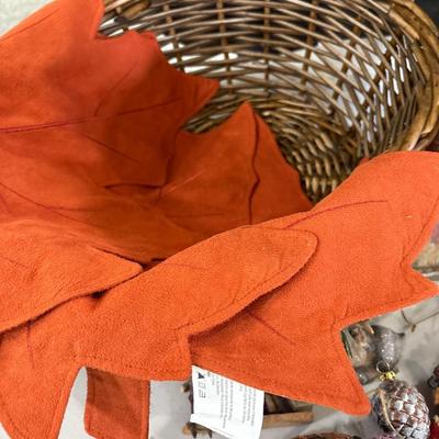 Basket, ornaments, and Thanksgiving items