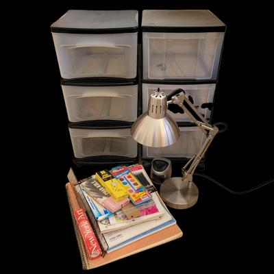 Art Supplies, Plastic Drawers, and Metal Table Lamp (BR2-EL)