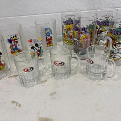 Vintage Disney, Flintstone and A&W glasses