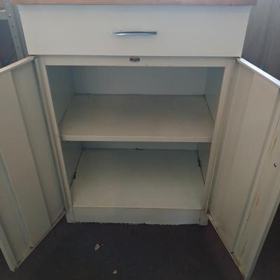 Metal / Enamel like Utility Storage Cabinet with Drawer and Wood Top