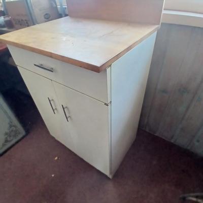 Metal / Enamel like Utility Storage Cabinet with Drawer and Wood Top
