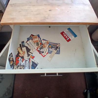 Metal / Enamel like Utility Storage Cabinet with Drawer and Wood Top