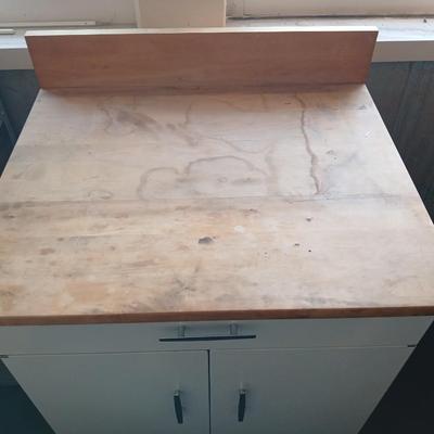 Metal / Enamel like Utility Storage Cabinet with Drawer and Wood Top