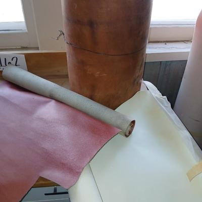 Upholstery and Crafting Materials – Scraps of Vinyl, and small roll of leather