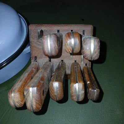 Vintage Kitchenware Lot – Nice light blue Enamel Roaster, Rolling Pin, Knife Block Set
