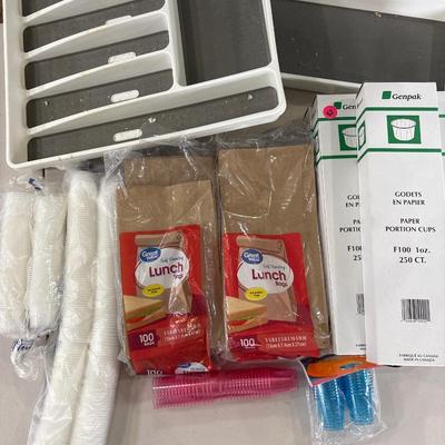Paper and plastic goods with silverware and drawer organizer