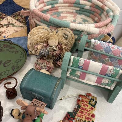 Woven fabric basket, quilted wall hanging and more