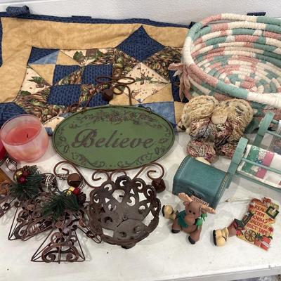 Woven fabric basket, quilted wall hanging and more