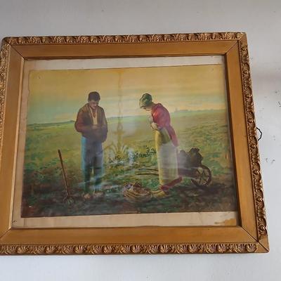 Antique wooden Framed Print “The Angelus” & Floral Art Duo