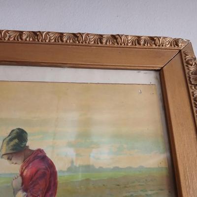 Antique wooden Framed Print “The Angelus” & Floral Art Duo