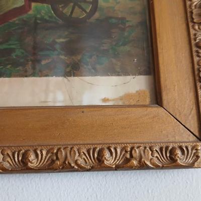 Antique wooden Framed Print “The Angelus” & Floral Art Duo