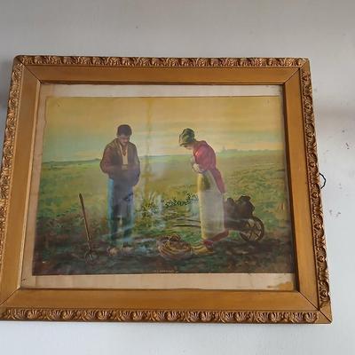 Antique wooden Framed Print “The Angelus” & Floral Art Duo