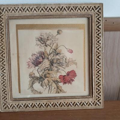 Antique wooden Framed Print “The Angelus” & Floral Art Duo