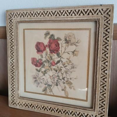 Antique wooden Framed Print “The Angelus” & Floral Art Duo