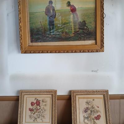 Antique wooden Framed Print “The Angelus” & Floral Art Duo