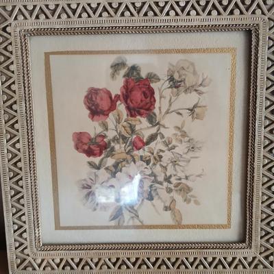 Antique wooden Framed Print “The Angelus” & Floral Art Duo