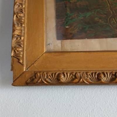 Antique wooden Framed Print “The Angelus” & Floral Art Duo