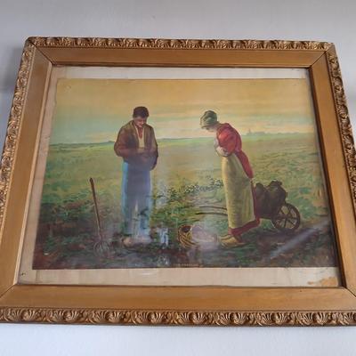 Antique wooden Framed Print “The Angelus” & Floral Art Duo