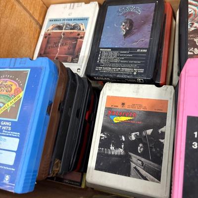 Vintage 1970s/80s eight track tapes in wine crate
