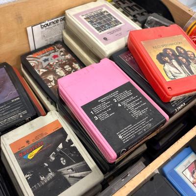 Vintage 1970s/80s eight track tapes in wine crate