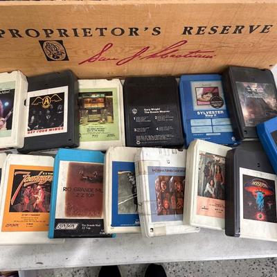Vintage 1970s/80s eight track tapes in wine crate