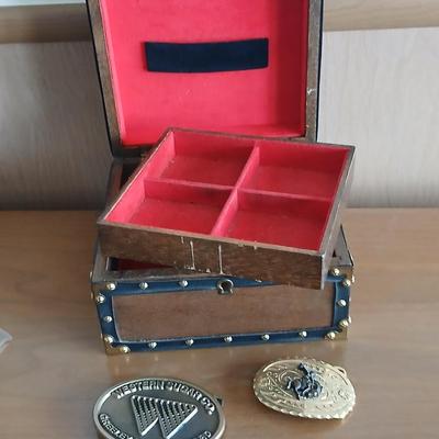 Decorative Keepsake Box / Jewlery box with 2 Belt Buckles – Western & Safety Award and a pocketknife