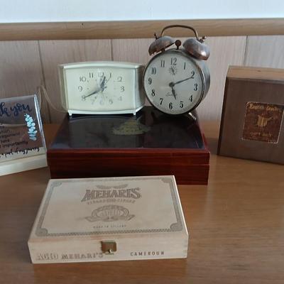 Vintage Decor Lot – Clocks, Cigar Box, English Leather Gift Set wooden box & More