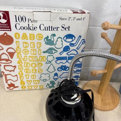 Lamp, cookie cutters, and kitchen items