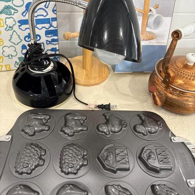Lamp, cookie cutters, and kitchen items