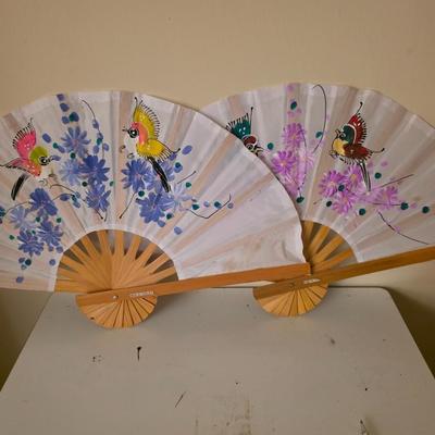 Pair of fabric decorative painted fans