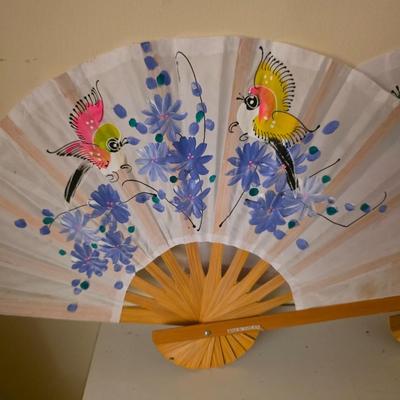 Pair of fabric decorative painted fans