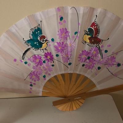 Pair of fabric decorative painted fans