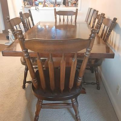 Solid Wood Dining Table with 8 Matching Spindle-Back Chairs and two leaves