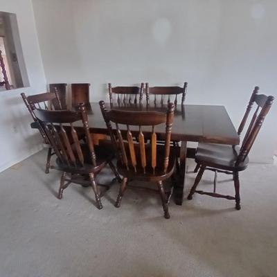 Solid Wood Dining Table with 8 Matching Spindle-Back Chairs and two leaves