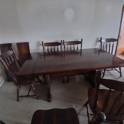 Solid Wood Dining Table with 8 Matching Spindle-Back Chairs and two leaves
